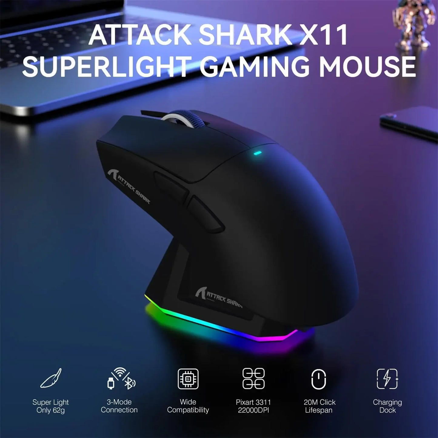 Lightweight Three-mode Wireless Gaming Mouse with RGB Charging Dock